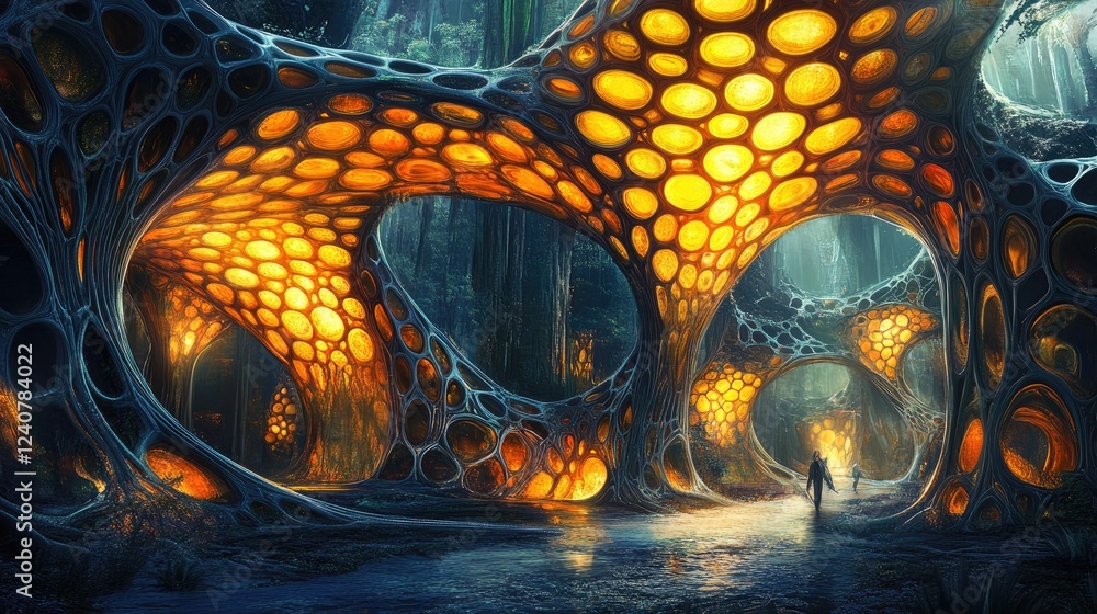 Aufkleber d-shaped hexagonal structures form a dynamic, futuristic landscape, with metallic reflections and vi
