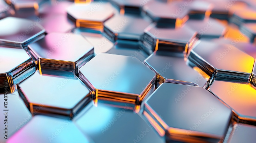 Poster d-shaped hexagonal structures form a dynamic, futuristic landscape, with metallic reflections and vi