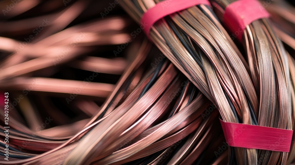 Poster detailed view of copper wires twisted and wrapped with red electrical tape, offering a clear visual 