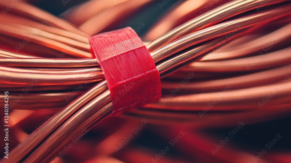 Poster detailed view of copper wires twisted and wrapped with red electrical tape, offering a clear visual 