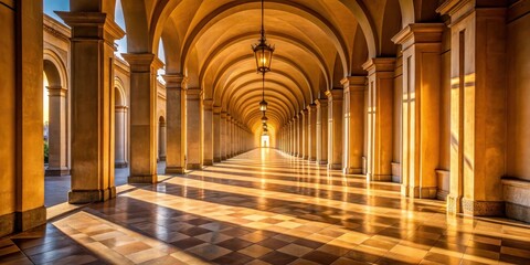 Obraz premium Warm sunlight filters through intricate arches of a grand colonnade, casting dappled shadows on the floor as it streams towards a distant doorway entrance, filter, dappled shadows