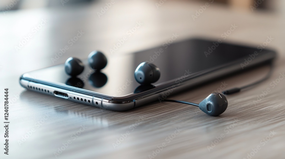 Aufkleber earphones lying on a smartphone with a visible charging port, capturing a sleek tech scene with a fo