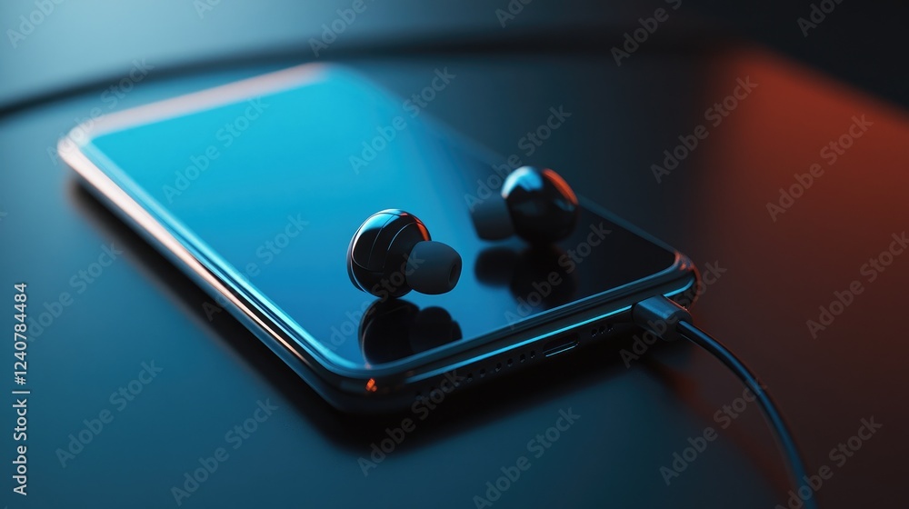 Poster earphones lying on a smartphone with a visible charging port, capturing a sleek tech scene with a fo