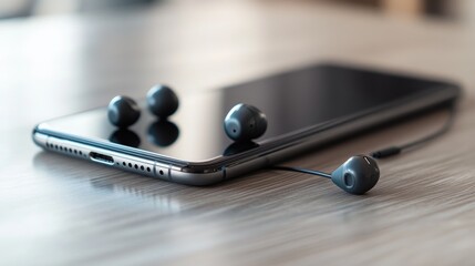 Earphones lying on a smartphone with a visible charging port, capturing a sleek tech scene with a focus on connectivity and modern gadgets.