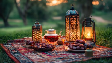 Serene Sunset Picnic with Dates Tea and Lanterns