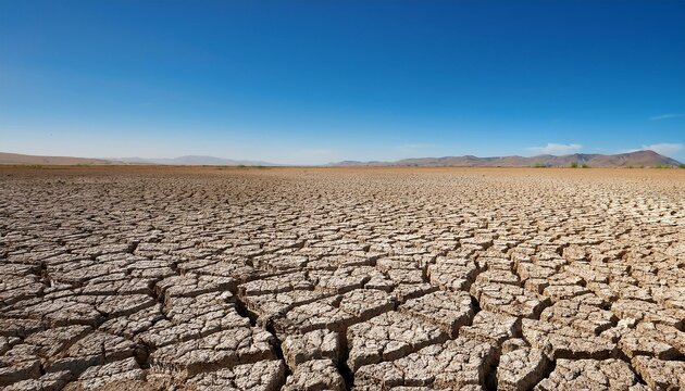 dry cracked earth showcases the impact of drought in a parched landscape under a clear blue sky