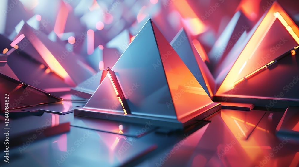 Poster a 3d rendering of geometric shapes with a colorful, glowing light effect.