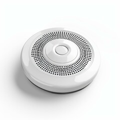 Fototapeta premium White smoke detector laying on white background with perforated holes and a central button