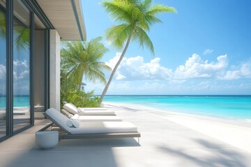 Elegant beachfront terrace with minimalist sun loungers, ocean view, palm tree, and blue sky, creating a relaxing atmosphere.