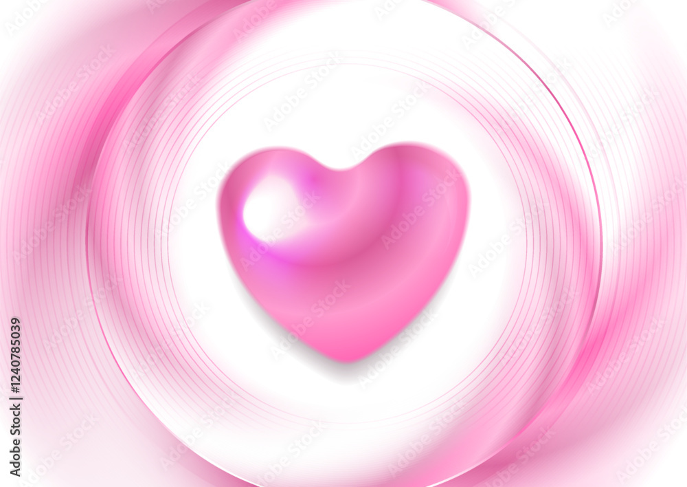 Poster bright pink shiny 3d heart and glossy linear circles valentines day abstract background. vector gree