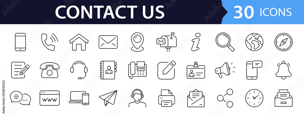 Poster contact us set of web icons in line style. social media network icons for web and mobile app. custom