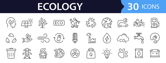 Ecology and Environment set of web icons in line style. Ecology and Energy icons. Eco friendly. Electric car, global warming, renewable energy, organic farming. Vector illustration