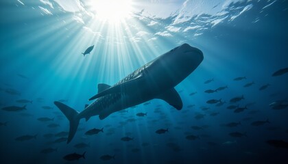 Obraz premium Whale shark swimming gracefully underwater with schools of fish illuminated by sun rays penetrating the ocean surface.