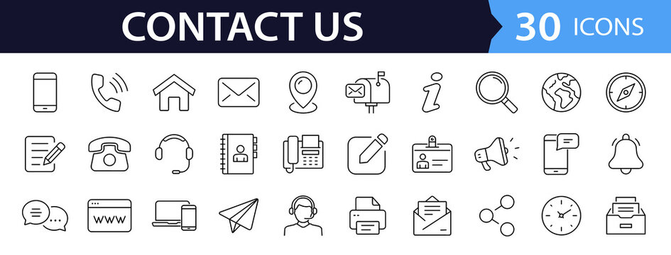 Contact us set of web icons in line style. Social Media network icons for web and mobile app. Customer service. Contact support sign and symbols. Call us, support, email, message, phone, info