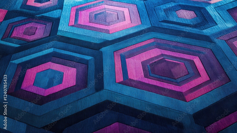 Aufkleber Futuristic hexagonal shapes in shades of cyan and magenta arranged in a layered pattern, creating a striking, modern visual effect.