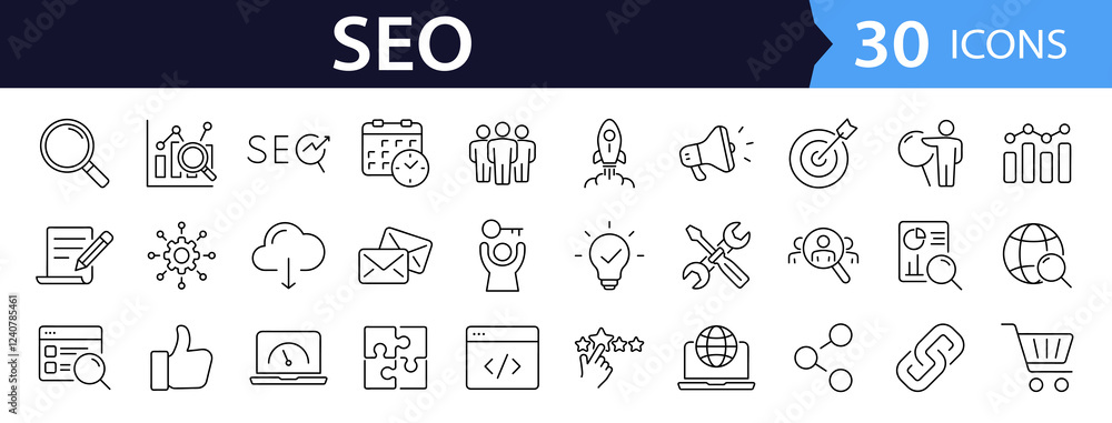 Aufkleber SEO Optimisation set of web icons in line style. Search Engine Optimization. Business, traffic, optimization, target. Search Engine and Marketing icons for web and mobile app. Vector illustration