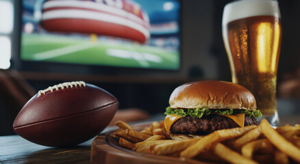 Watching American football with a burger fries and a beer in front of a big tv screen