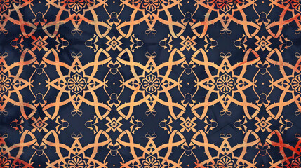 Fototapeta premium Intricate geometric pattern featuring warm tones on a dark background, ideal for textile design