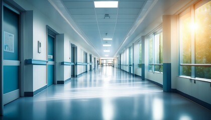 blurred empty hospital corridor with soft bokeh lights