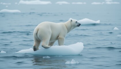 Polar Bear on Ice Floe - A majestic polar bear standing on an ice floe in the Arctic Ocean symbolizing wildlife conservation and climate change awareness
