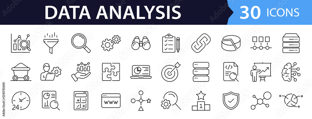 Fototapete Data analysis set of web icons in line style. Data analytics icons for web and mobile app. Graphs, traffic analysis, data processing, research network collection, statistics, analytics, performance.