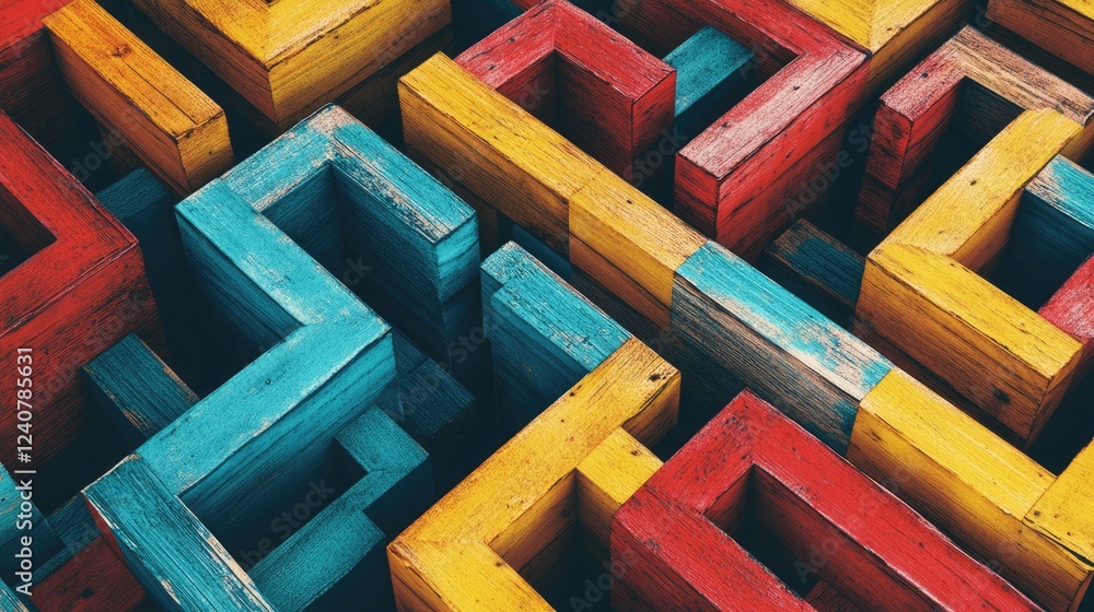 Poster generative ai-inspired abstract illustration of a wooden maze, with narrow colorful paths in blue, r