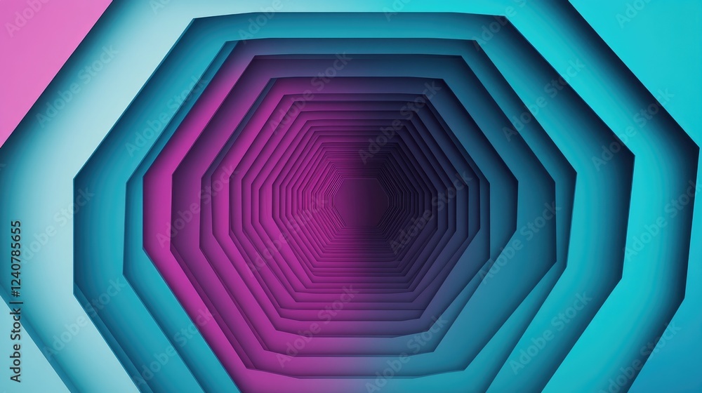Poster Hexagonal shapes in a vibrant gradient of cyan and magenta, layered to create a modern, futuristic feel