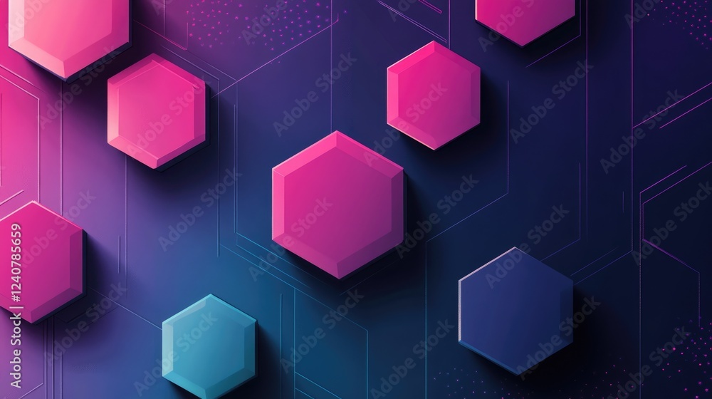 Aufkleber hexagonal shapes in a vibrant gradient of cyan and magenta, layered to create a modern, futuristic f