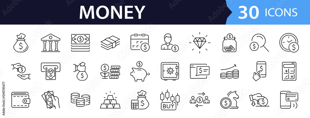 Poster money and finance set of web icons in line style. payment and money icons for web and mobile app. mo