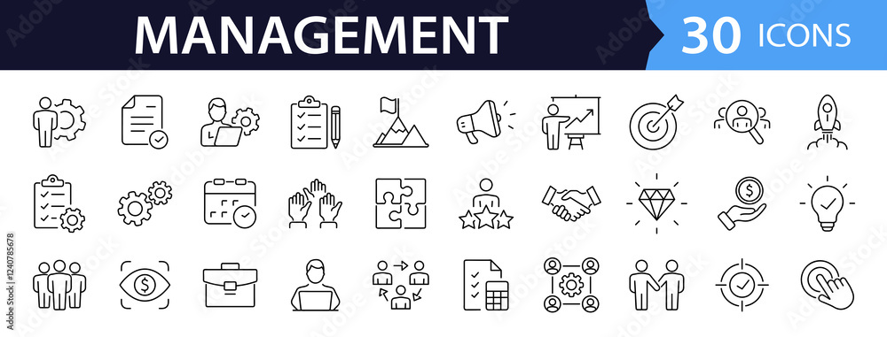 Poster Business Management set of web icons in line style. Management icons for web and mobile app. Media, teamwork, vision, mission, business, planning, strategy, marketing. Vector illustration