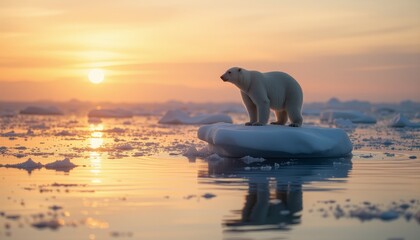  Polar Bear at Sunset - A serene scene of a polar bear on an ice floe during sunset emphasizing the beauty and fragility of the Arctic ecosystem