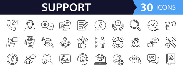 Customer Service and Support set of web icons in line style. Support and Help icons for web and mobile app. Online assistance, email, customer service, contact, help, helpdesk, feedback, 24 hrs