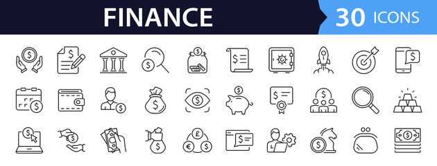 Finance set of web icons in line style. Money and Payment icons for web and mobile app. Money, payments, financial report, pay, banking, business, coin and more. Vector illustration