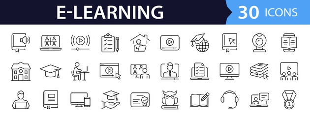 E-learning set of web icons in line style. Online education icons for web and mobile app. Distance learning, video tutorial, online lecture, school, university, webinar. Vector illustration