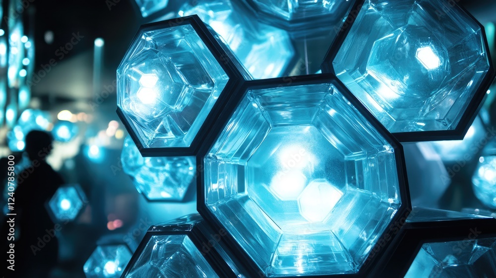 Aufkleber Interlocking hexagonal shapes illuminated by soft light, creating a complex and futuristic design with a digital edge.