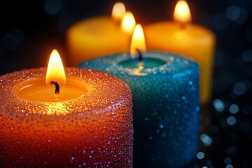 Three Glittering Candles, Orange, Teal, And Yellow, Burn Brightly, Symbolizing Hope, Warmth, And Remembrance.