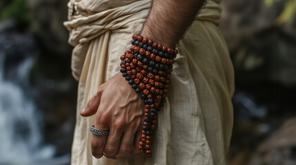 Shivaâs Rudraksha mala wrapped around his wrist, each bead charged with spiritual vibrations