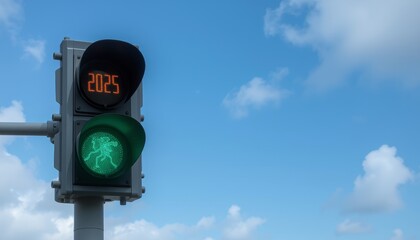 Traffic light with a green pedestrian signal and the year 2025 displayed on a digital screen set against a serene blue sky with soft clouds.