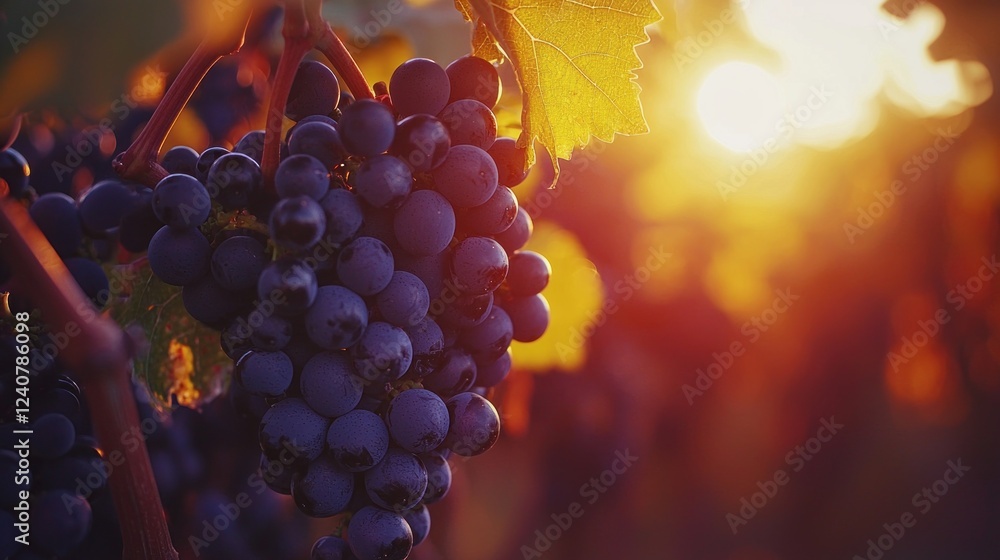 Poster rich clusters of deep purple grapes hang from vines, illuminated by the warm glow of the setting sun