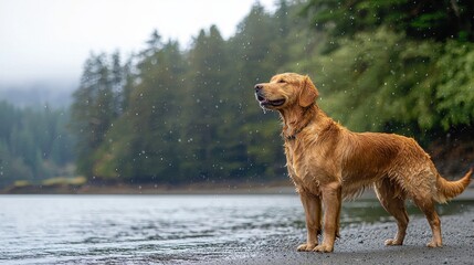 A golden retriever stands by a serene lake under a rainy sky, surrounded by lush greenery, capturing a moment of tranquility and connection with nature.