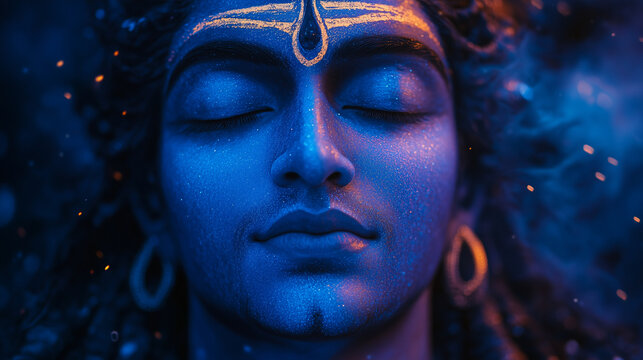 A vibrant close-up of Shiva&acirc;s blue throat (Neelkanth), glowing softly, symbolizing the poison he consumed to save the universe