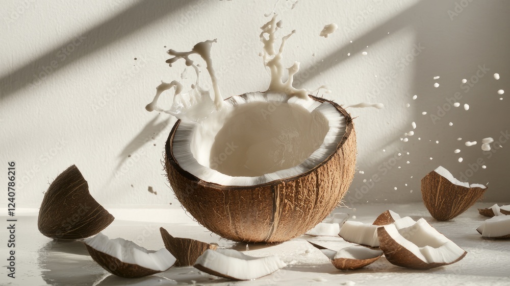 Poster milk splashes out of a coconut shell placed on a white surface, with coconut pieces scattered around