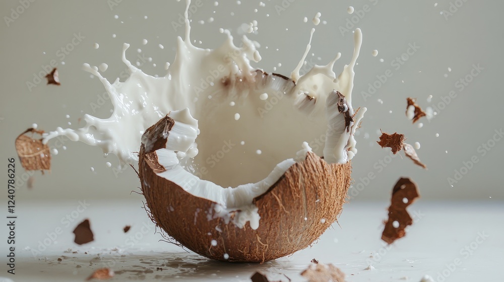 Poster milk splashes out of a coconut shell placed on a white surface, with coconut pieces scattered around