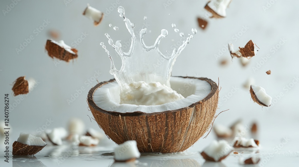 Poster milk splashing from a coconut shell surrounded by coconut pieces on a crisp white surface, highlight