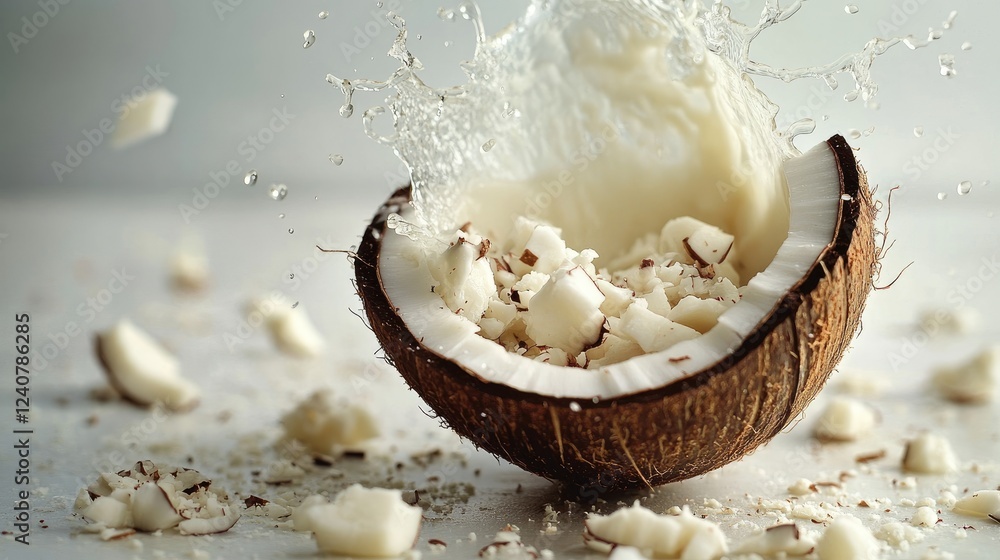 Poster milk splashing from a coconut shell surrounded by coconut pieces on a crisp white surface, highlight