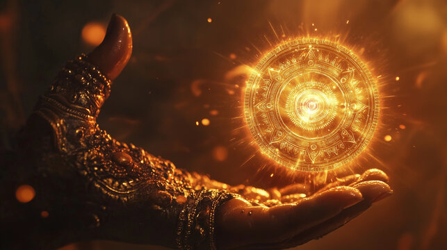 A close-up of Vishnu&acirc;s sacred Sudarshan Chakra spinning above his hand, glowing with divine power