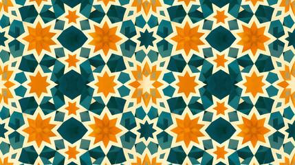 Fototapeta premium Colorful geometric pattern featuring orange and teal stars on a light background, ideal for textile design