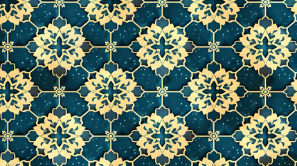 Ornate blue and gold floral pattern design featuring intricate geometric shapes and symmetry