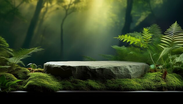 mossy stone in the forest podium for presentation of products or organic cosmetics mockup background with plants and leaves in forest with empty space for text generative ai