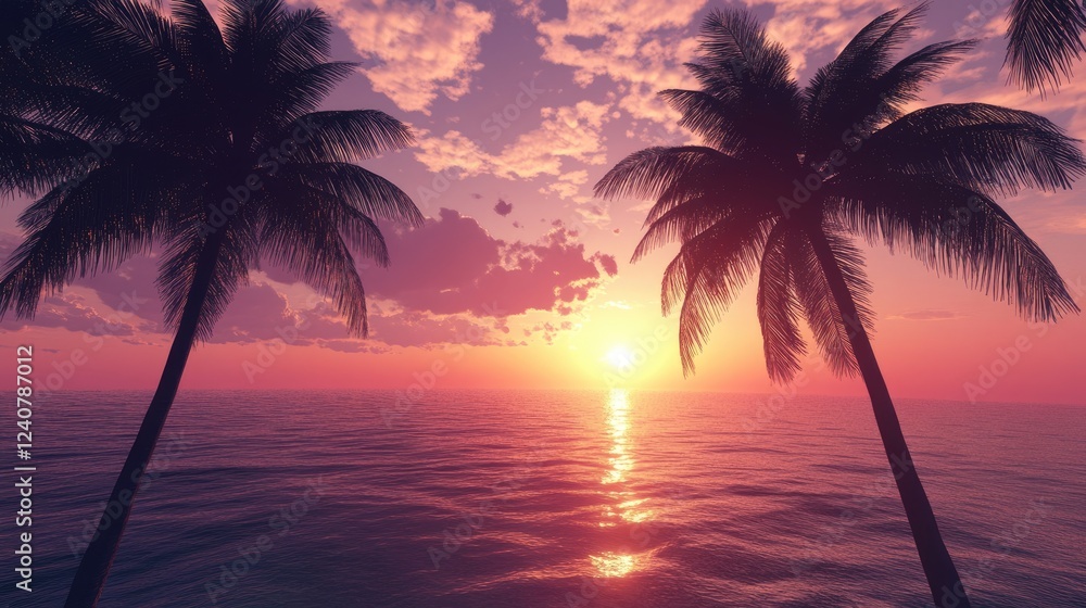 Aufkleber palm trees stand in silhouette as the sun sets over the ocean, casting a beautiful glow across the c